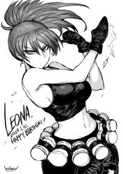  1girl artist_name black_gloves closed_mouth commentary_request cowboy_shot dated gloves greyscale happy_birthday highres ichigai_(hayawossan) leona_heidern midriff monochrome navel simple_background smile solo the_king_of_fighters the_king_of_fighters_xii white_background 