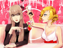  2girls atlus black_hair blonde_hair blue_eyes blue_nails bow bowtie boxers breasts brown_eyes brown_hair catherine catherine_(game) cleavage dress drill_hair food fork fruit katherine_mcbride long_hair male_underwear more-ko multiple_girls nail_polish pillow pink_nails red_ribbon ribbon short_hair sitting strawberry underwear vincent_brooks 