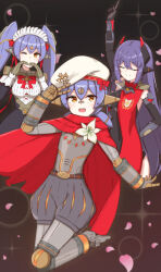  3girls :d android beret black_leotard breasts cape chirun0 closed_eyes closed_mouth dancing full_body hair_between_eyes hat heart heart_hands highres jumping leotard medium_breasts multiple_girls one_eye_closed open_mouth orange_eyes poppi_(xenoblade) poppi_alpha_(xenoblade) poppi_qt_(xenoblade) poppi_qtpi_(xenoblade) puffy_shorts purple_hair red_cape robot_ears shorts smile v white_hat xenoblade_chronicles_(series) xenoblade_chronicles_2 
