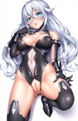  1girl bare_shoulders black_heart_(neptunia) black_leotard black_thighhighs blue_eyes blush boots breasts cleavage cleavage_cutout cleft_of_venus clothing_cutout commentary_request covered_erect_nipples covered_navel crotch_cutout elbow_gloves embarrassed gloves hand_on_own_thigh hand_up lambda_(kusowarota) leotard long_hair looking_at_viewer medium_breasts neptune_(series) noire_(neptunia) open_mouth power_symbol power_symbol-shaped_pupils pussy see-through silver_hair simple_background skin_tight solo symbol-shaped_pupils thigh_boots thighhighs uncensored white_background  rating:Explicit score:75 user:danbooru