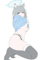  1girl absurdres animal_ear_fluff animal_ears black_panties black_thighhighs blue_archive blue_eyes blue_sweater blush breasts closed_mouth clothes_lift cross cross_hair_ornament dorsiflexion flat_color from_side grey_hair hair_ornament halo highres inverted_cross kneeling lifting_own_clothes long_sleeves looking_at_viewer masabodo medium_hair mismatched_pupils navel nipples no_bra no_pants no_shoes panties plantar_flexion shiroko_(blue_archive) simple_background small_breasts smile solo stomach sweater sweater_lift thighhighs underwear white_background wolf_ears  rating:Questionable score:70 user:danbooru