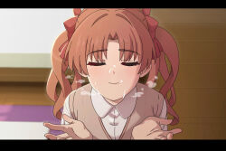  1girl after_ejaculation bow brown_hair brown_sweater_vest closed_eyes closed_mouth collared_shirt commentary cum cupping_hands english_commentary facial facing_viewer gokkun hair_bow hands_up highres indoors long_hair own_hands_together paid_reward_available pov red_bow school_uniform shirai_kuroko shirt short_sleeves sleepy_frippy solo summer_uniform swallowing sweater_vest toaru_kagaku_no_railgun toaru_majutsu_no_index tokiwadai_school_uniform twintails white_shirt 