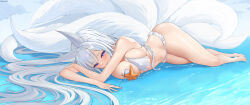  1girl absurdres animal_ears azur_lane bikini blush breasts curvy elsynien fox_ears fox_girl fox_tail frilled_bikini frills full_body highres kitsune kyuubi large_breasts long_hair looking_at_viewer lying multiple_tails navel ocean official_alternate_costume on_side purple_eyes shinano_(azur_lane) shinano_(dreamy_white_sands)_(azur_lane) shiny_skin sidelocks skindentation solo starfish swimsuit tail thick_thighs thighs very_long_hair white_hair wide_hips 
