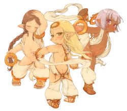 3girls anal_ball_wear ass belly blonde_hair braid brown_hair cleft_of_venus closed_eyes closed_mouth dark-skinned_female dark_skin elf feral_lemma flat_chest full_body hand_on_own_head highres holding insertion_clothing leg_lift loli long_hair looking_back multiple_girls navel one_eye_closed plump pointy_ears pussy shiny_skin short_hair simple_background standing uncensored white_background rating:Explicit score:141 user:Domestic_Importer