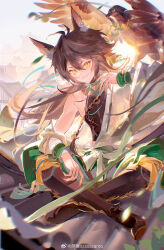 1boy animal_ears artist_name bandaged_arm bandages bare_shoulders bird bird_on_hand bishounen boots brown_footwear brown_hair building character_request claws closed_mouth copyright_request day eagle fang fog fox_boy fox_ears hair_between_eyes highres indian_style long_hair looking_at_viewer male_focus monster_boy on_roof pectorals rooftop samo_(shichun_samo) sidelocks single_bare_shoulder sitting sitting_on_roof sky smile solo solo_focus sun sunlight very_long_hair weibo_logo weibo_watermark yellow_eyes 