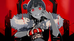  1girl black_collar black_nails blunt_bangs buckle collar crown fang finger_in_own_mouth fishnet_pantyhose fishnets grin hair_bun king_(vocaloid) limited_palette long_hair looking_at_viewer love_live! love_live!_sunshine!! mouth_pull nail_polish pantyhose red_background red_eyes single_hair_bun sitting smile solo throne tsushima_yoshiko unworn_crown upper_body vorupi 