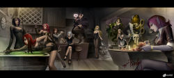  6+girls absurdres ahri_(league_of_legends) android animal_ears annotated apron artist_request ashe_(league_of_legends) ball bar_(place) bare_shoulders bartender billiard_ball billiards black_hair blonde_hair blue_eyes blue_hair bra breasts brown_hair cigarette cleavage colored_skin corset cue_stick dart fiora_(league_of_legends) fox_ears fox_tail garter_straps glass gloves green_eyes heart high_heels highres janna_(league_of_legends) katarina_(league_of_legends) league_of_legends leaning_forward leona_(league_of_legends) leotard letterboxed long_hair lux_(league_of_legends) maid maid_apron maid_headdress medium_breasts miss_fortune_(league_of_legends) morgana_(league_of_legends) multiple_girls necktie orianna_(league_of_legends) plant plate playboy_bunny pointy_ears pole pole_dancing pool_table purple_hair purple_skin red_hair scar shoes short_hair short_shorts shorts sign signature smoking spikes stripper_pole table tail thighhighs underwear vines waist_apron watch wind winding_key zyra  rating:Questionable score:93 user:typicalspoofaccount