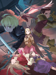  2boys 4girls aircraft airship alma_beoulve armor belt blonde_hair breasts brown_eyes brown_hair cape closed_eyes cloud death delita_heiral dress final_fantasy final_fantasy_tactics flower full_body gloves head_wings highleg highres medium_breasts minabe_(mi-nabe) multiple_boys multiple_girls ovelia_atkascha ramza_beoulve shoulder_armor sword thighs tietra_heiral ultima_(fft) weapon white_hair wings 