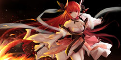 1girl absurdres axe bare_shoulders battle_axe breasts cleavage collarbone commentary commentary_request cowboy_shot date_a_live fire hair_ribbon highres holding holding_weapon horns huijin_zhi_ling itsuka_kotori japanese_clothes kimono long_hair long_sleeves looking_at_viewer outstretched_arm red_eyes red_hair ribbon small_breasts smile solo very_long_hair weapon wide_sleeves rating:Sensitive score:11 user:danbooru