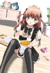  1girl :o absurdres alternate_costume apron awoke_(love_live!) black_bow black_bowtie black_dress black_ribbon black_thighhighs blush bow bowtie brown_hair camera character_doll character_name chromatic_aberration collared_dress commentary_request crossed_bangs cup drawer dress egawata enmaided feet_out_of_frame film_grain food green_eyes hair_ornament highres hinoshita_kaho holding holding_plate holding_spoon incoming_food light_brown_hair link!_like!_love_live! love_live! maid maid_headdress medium_hair murano_sayaka name_tag nesoberi omelet omurice on_floor osawa_rurino plant plate potted_plant puffy_short_sleeves puffy_sleeves rabbit_hair_ornament ribbon ribbon-trimmed_sleeves ribbon_trim short_dress short_sleeves sitting solo spoon tea teacup teapot thighhighs translated tray two_side_up waist_apron white_apron white_dress wooden_tray 