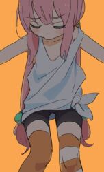  1girl asymmetrical_legwear bike_shorts blush closed_eyes commentary_request coupon_(skyth) facing_down feet_out_of_frame furrowed_brow hinata_channel long_hair low_twintails nekomiya_hinata orange_background orange_thighhighs outstretched_arms pink_hair shirt simple_background solo spread_arms strap_slip striped_clothes striped_thighhighs tank_top thighhighs tied_shirt twintails virtual_youtuber white_tank_top yurie_mouth 