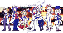  2girls 5boys :3 ascot baldr_(kingdom_hearts) bell black_footwear black_hair black_pants bloomers blue_eyes blue_hair blue_hat blue_pants boots bow bragi_(kingdom_hearts) breasts brown_eyes buttons cabbie_hat christmas closed_eyes closed_mouth coat commentary dark-skinned_male dark_skin disney dot_nose double-breasted dress english_commentary english_text eraqus fedora footwear_bow hand_on_own_chest hat hermod_(kingdom_hearts) highres holding holding_bell it&#039;s_christmas_time!_(disney) kh_raimu kingdom_hearts kingdom_hearts_dark_road light_brown_hair locked_arms long_sleeves medium_hair mini_hat mixed-language_commentary multiple_boys multiple_girls no_nose open_mouth orange_eyes orange_hair outstretched_arm own_hands_clasped own_hands_together pants pantyhose red_ascot shoes short_hair short_ponytail side_ponytail small_breasts smile standing standing_on_one_leg striped_clothes striped_pants teeth tilted_headwear top_hat twitter_username two-tone_hat underwear upper_teeth_only urd_(kingdom_hearts) vertical-striped_clothes vertical-striped_pants vor_(kingdom_hearts) white_coat white_dress white_footwear white_hair white_hat white_pants xehanort yellow_pantyhose 