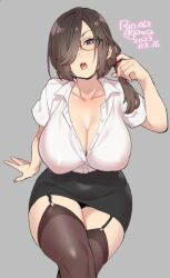 1girl adjusting_hair_ornament agawa_ryou arm_support artist_name black_skirt breasts brown_hair brown_thighhighs cleavage collarbone collared_shirt commentary covered_erect_nipples crossed_legs dated dress_shirt english_commentary feet_out_of_frame garter_straps glasses grey_background hair_over_one_eye hair_tie hand_up huge_breasts invisible_chair large_breasts long_hair looking_at_viewer miniskirt no_bra numbered open_mouth original pencil_skirt puffy_nipples purple_eyes semi-rimless_eyewear shirt shirt_tucked_in short_sleeves side_ponytail simple_background sitting skirt solo straight_hair swept_bangs teeth thighhighs upper_teeth_only white_shirt wing_collar  rating:Questionable score:80 user:danbooru