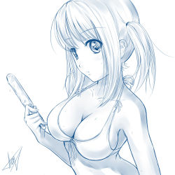  1girl atomix bikini bikini_top_only breasts cleavage female_focus food large_breasts monochrome popsicle simple_background solo swimsuit tagme upper_body white_background  rating:Sensitive score:22 user:Cron