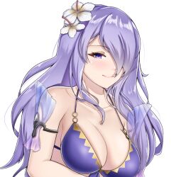  1girl bare_shoulders bikini breasts camilla_(fire_emblem) camilla_(summer)_(fire_emblem) cleavage commentary english_commentary fire_emblem fire_emblem_fates fire_emblem_heroes flower hair_flower hair_ornament large_breasts long_hair looking_at_viewer nintendo official_alternate_costume purple_bikini purple_eyes purple_hair smile solo succducc888 swimsuit upper_body very_long_hair white_flower 