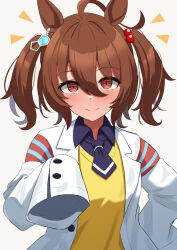  1girl agnes_tachyon_(umamusume) ahoge alternate_hairstyle amenocchi animal_ears black_necktie black_shirt blush chemical_structure closed_mouth coat commentary_request earrings hair_between_eyes hair_ornament hand_on_own_hip highres horse_ears horse_girl jewelry lab_coat long_sleeves looking_at_viewer necktie notice_lines open_clothes open_coat red_eyes shirt short_hair simple_background single_earring sleeves_past_fingers sleeves_past_wrists smile solo sweater_vest twintails umamusume white_background white_coat yellow_sweater_vest 