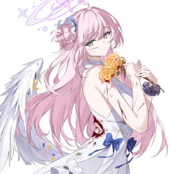  1girl absurdres angel_wings blood blood_on_clothes blue_archive breasts closed_mouth crescent crescent_pin dress elinnasky feathered_wings flower halo highres holding holding_flower injury large_breasts long_hair looking_at_viewer mika_(blue_archive) orange_flower pink_hair pink_halo simple_background small_breasts smile solo torn_clothes torn_dress upper_body white_background white_dress white_wings wings yellow_eyes 
