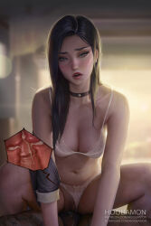  1boy 1girl artist_name black_hair blurry blurry_background bra breasts caitlyn_(league_of_legends) cervix cleavage clothing_aside collarbone cum cum_in_pussy feet_out_of_frame heart heart-shaped_pupils hetero highres hoo_bamon league_of_legends long_hair looking_at_viewer medium_breasts navel open_mouth panties panties_aside penis sex solo_focus symbol-shaped_pupils teeth uncensored underwear upper_teeth_only white_bra white_panties 