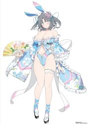  1girl :&gt; absurdres animal_ears bare_shoulders blue_eyes blue_leotard blush breasts cleavage clogs closed_mouth clothing_cutout collarbone fake_animal_ears frilled_sleeves frills full_body grey_hair groin hair_ornament hand_fan highleg highres holding holding_fan japanese_clothes large_breasts legs leotard looking_at_viewer navel off_shoulder official_art playboy_bunny rabbit_ears senran_kagura short_hair smile socks solo standing stomach_cutout thigh_gap thighs twintails yaegashi_nan yumi_(senran_kagura) 