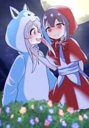  2girls :d @_@ animal_costume arm_behind_back blue_hair blunt_bangs blunt_ends blush bow bowtie brown_eyes brown_hair bush capelet colored_inner_hair commentary cosplay eye_contact flower flustered full_moon gekogekobuhihi grabbing_another&#039;s_chin grey_hair hair_between_eyes hand_on_another&#039;s_chin highres hood hood_up hooded_capelet hozuki_momiji little_red_riding_hood little_red_riding_hood_(grimm) little_red_riding_hood_(grimm)_(cosplay) long_hair looking_at_another moon multicolored_hair multiple_girls nervous_sweating night nose_blush onesie onii-chan_wa_oshimai! open_mouth outdoors oyama_mahiro red_bow red_bowtie red_capelet red_skirt short_hair skirt smile sweat two-tone_hair wolf_costume yuri 