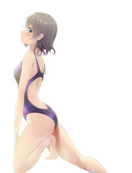 1girl ass blue_eyes blue_one-piece_swimsuit competition_swimsuit cowboy_shot grey_hair logo looking_at_viewer love_live! love_live!_sunshine!! on_one_knee one-piece_swimsuit profile redame short_hair simple_background smile solo swimsuit watanabe_you white_background rating:Sensitive score:14 user:danbooru