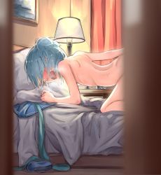  1girl all_fours aqua_neckerchief arched_back arm_grab bed bedroom blue_hair blue_sailor_collar blurry blush breasts commentary_request convenient_arm curtains depth_of_field doorway double_bun hair_bun highres implied_sex indoors kabayaki_namazu kantai_collection lamp long_sleeves neckerchief nude on_bed open_mouth painting_(action) picture_frame pillow pov_doorway sailor_collar samuel_b._roberts_(kancolle) school_uniform sex sex_from_behind shirt short_hair small_breasts solo sweat unworn_neckerchief unworn_shirt white_shirt  rating:Explicit score:168 user:danbooru