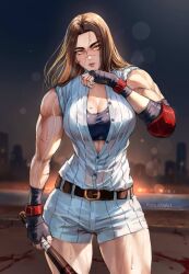  1girl abs baseball_bat baseball_uniform belt breasts brown_hair cityscape cleavage elbow_pads gloves highres large_breasts long_hair muscular muscular_female orange_eyes original robusta_mania scar scar_on_face signature sleeveless solo sportswear sweat tank_top thick_thighs thighs veins veiny_arms wiping_sweat 