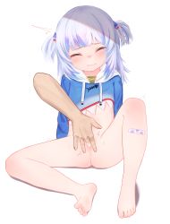  1girl arm_support bad_id bad_pixiv_id bandaid bandaid_on_knee bandaid_on_leg barefoot blue_hair blush bottomless butterfly_sitting censored clenched_teeth closed_eyes collarbone crop_top disembodied_hand drawstring drooling feet female_orgasm fingering gachigachi gawr_gura hair_ornament heart heart_censor highres hololive hololive_english loli long_sleeves midriff multicolored_clothes multicolored_hair navel orgasm print_bandaid pussy pussy_juice saliva shark_hair_ornament sharp_teeth simple_background sitting soles spread_legs sweat teeth toes trembling two_side_up virtual_youtuber white_background  rating:Explicit score:362 user:Dweenie