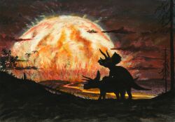  acrylic_paint_(medium) cloud commentary dark english_commentary explosion fireball flying highres horns mating_(animal) no_humans original painting_(medium) pterosaur river simple_bird standing traditional_media tree triceratops tuomas_koivurinne 