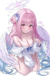  1girl angel_wings blue_archive blush breasts cleavage feathered_wings frilled_ribbon frills hair_bun hair_ornament halo highres iro_(iro_252_) large_breasts long_hair looking_at_viewer low_wings mika_(blue_archive) pink_hair pink_halo ribbon single_side_bun solo white_wings wing_ornament wings yellow_eyes  rating:Sensitive score:8 user:danbooru