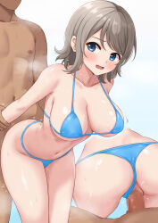  1boy 1girl ass ass_focus bikini bikini_bottom_aside blue_bikini blue_eyes blush breasts censored cleavage clothed_female_nude_male clothing_aside collarbone cowboy_shot grey_hair grin groin hand_on_own_ass head_out_of_frame hetero highres large_breasts love_live! love_live!_sunshine!! mosaic_censoring multiple_views navel nude penis pussy sex sex_from_behind short_hair skindentation smile standing standing_sex swimsuit tenpa_(tenpa2190) thighs thong_bikini vaginal watanabe_you 