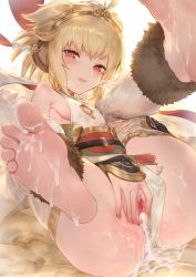 1girl aftersex andira_(granblue_fantasy) animal_ears aos barefoot blonde_hair blush breasts censored cum cum_in_pussy cum_on_body cum_on_lower_body erune foot_focus granblue_fantasy heavy_breathing highres looking_at_viewer monkey_ears mosaic_censoring cum_overflow pussy red_eyes short_hair sideboob small_breasts soles solo sweat rating:Explicit score:182 user:danbooru