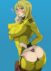  10s 1girl ao_madoushi ass blonde_hair blush bodysuit breasts condom condom_packet_strip condom_wrapper finger_to_mouth from_behind g-string heart highres holster huge_breasts leaning_forward long_hair looking_at_viewer looking_back mori_yuki nipples puffy_nipples shiny_clothes shushing skin_tight solo standing thong uchuu_senkan_yamato uchuu_senkan_yamato_2199 uniform  rating:Questionable score:110 user:reas
