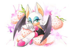  1girl bat_wings boots finik food fruit furry furry_female gloves green_eyes looking_at_viewer pineberry_(fruit) rouge_the_bat sitting solo sonic_(series) white_gloves wings  rating:General score:4 user:danbooru