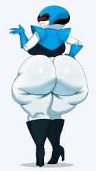  1girl absurdres ass boots breasts curvy deltarune eric_lowery eyelashes from_behind gloves hand_on_own_hip hat high_heel_boots high_heels highres huge_ass huge_breasts looking_at_viewer looking_back open_mouth queen_(deltarune) skin_tight skindentation smile source_request sssonic2 standing thick_thighs thighs visor_(armor) white_background wide_hips  rating:Questionable score:5 user:Supramayrokratt64