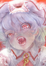  1girl blue_hair brooch close-up commentary_request earrings eyelashes eyes_visible_through_hair fangs frilled_shirt_collar frills hat hat_ribbon heart heart-shaped_pupils incoming_attack jewelry looking_at_viewer misawa_hiroshi mob_cap mouth_focus nose open_mouth painting_(medium) portrait puffy_short_sleeves puffy_sleeves raised_eyebrow red_background red_eyes red_neckwear red_ribbon remilia_scarlet ribbon short_hair short_sleeves silver_hair solo symbol-shaped_pupils teeth throat tongue touhou traditional_media uneven_eyes uvula vampire watercolor_(medium) wavy_hair  rating:Sensitive score:14 user:danbooru