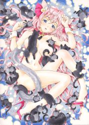  1girl absurdres animal_ears asahina_kirin bell blue_eyes breasts cat cat_ears cat_tail collar artistic_error high_heels highres long_hair navel nude original pink_hair shoes solo tail too_many too_many_cats very_long_hair what wrist_cuffs  rating:Questionable score:16 user:jedi1357