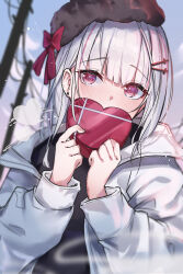  1girl absurdres asumi_sena black_hat black_sweater blush bow box coat day hair_ornament hairclip hat hat_bow heart-shaped_box highres holding holding_box long_hair long_sleeves looking_at_viewer open_clothes open_coat outdoors red_bow red_eyes ringozeri solo sweater upper_body virtual_youtuber vspo! white_coat white_hair winter 