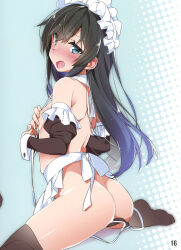  1girl :o absurdres alternate_costume apron aqua_background arm_warmers asashio_(kancolle) ass bare_shoulders bikini black_hair black_thighhighs blue_eyes blush breasts covering_privates detached_sleeves enmaided frills from_behind hair_between_eyes halftone halftone_background highres kantai_collection long_hair looking_at_viewer looking_back maid maid_headdress micro_bikini mtu_(orewamuzituda) non-web_source open_mouth page_number scan sitting small_breasts solo swimsuit thighhighs untied_bikini wariza white_apron wrist_cuffs 