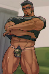 1boy bandaid bandaid_on_face bandaid_on_nose bara bulge camouflage_male_underwear closed_eyes clothes_lift covered_penis dark-skinned_male dark_skin darlton dog_tags facial_hair feet_out_of_frame glasses gluteal_fold goatee large_pectorals lifting_own_clothes male_focus male_pubic_hair mature_male midriff_peek muscular muscular_male mutton_chops no_pants original pectorals pubic_hair shirt_lift short_hair shy solo strongman_waist sweat thick_eyebrows thick_thighs thighs undercut undressing very_sweaty