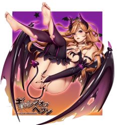  1girl ass bad_id bad_twitter_id bare_shoulders barefoot blush breasts bridal_gauntlets brown_eyes collarbone commentary covering_ass covering_privates demon_girl demon_horns demon_tail demon_wings feet fingernails gang_of_heaven gradient_background horns large_breasts logo long_hair looking_at_viewer masami_chie no_shoes official_art open_mouth outside_border parted_lips purple_eyes soles solo tail tattoo thighhighs toes wings  rating:Sensitive score:63 user:danbooru
