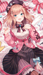  1girl :d absurdres aqua_eyes black_bow black_bowtie black_hat black_skirt blue_bow blush bow bowtie brown_hair buttons cardigan center_frills chromatic_aberration collared_shirt feet_out_of_frame fingernails frilled_shirt frilled_skirt frills hair_bow hair_ornament haneiro hat highres long_sleeves looking_at_viewer lying medium_hair nijisanji off_shoulder on_back open_mouth pink_bow pink_cardigan shirt skirt smile solo striped_clothes striped_skirt suzuhara_lulu suzuhara_lulu_(1st_costume) vertical-striped_clothes vertical-striped_skirt virtual_youtuber white_bow white_shirt x_hair_ornament 