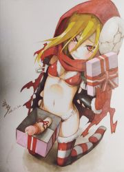 1girl artist_request blonde_hair blush box christmas cum dick_in_a_box ejaculation evileye_(overlord) fang futanari gift highres hood hoodie long_hair looking_at_viewer overlord_(maruyama) penis penis_ribbon pov red_eyes red_hood ribbon solo striped_legwear rating:Explicit score:91 user:ssfl