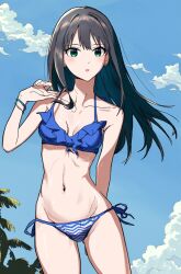  1girl adjusting_clothes adjusting_swimsuit bare_arms bikini black_hair bloom_into_me15 blue_bikini blue_sky bracelet breasts cleavage cloud collarbone cowboy_shot day earrings floating_hair gluteal_fold green_eyes groin hair_intakes halterneck highres idolmaster idolmaster_cinderella_girls jewelry long_hair looking_at_viewer open_mouth outdoors shibuya_rin side-tie_bikini_bottom sketch sky small_breasts solo standing straight_hair string_bikini striped_bikini striped_clothes summer swimsuit thigh_gap 