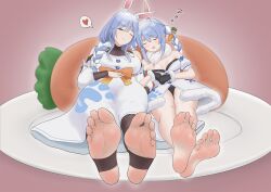  2girls absurdres blue_hair blush braid closed_eyes feet highres hololive long_hair looking_at_viewer mother_and_daughter multicolored_hair multiple_girls one_eye_closed open_mouth pekomama red_eyes sleeping soles stirrup_legwear toeless_legwear toes twin_braids two-tone_hair usada_pekora 