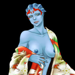  1girl alien areola_slip asari_(mass_effect) black_background blue_eyes blue_skin breasts collarbone colored_skin covered_erect_nipples headgear image_sample japanese_clothes large_breasts lowres mass_effect_(series) mass_effect_1 nipples off_shoulder pixiv_sample samara_(mass_effect) solo undressing  rating:Explicit score:14 user:TaBooty
