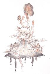  1girl blindfold bug butterfly dress dripping grey_dress highres insect leaf long_hair long_sleeves marimokan12 mushroom original painting_(medium) solo traditional_media watercolor_(medium) white_background white_hair 