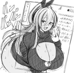 1girl :d alternate_costume bent_over bottomless breasts cellphone cleavage cleavage_cutout clothing_cutout fang goddess_of_victory:_nikke greyscale hair_between_eyes holding holding_phone huge_breasts light_blush long_hair looking_at_viewer meme_attire monochrome open-chest_sweater open_mouth phone ponytail rupee_(nikke) sketch smartphone smile solo sweat sweater tkool_man turtleneck turtleneck_sweater