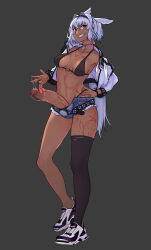  1girl absurdres animal_ears belt bikini black_bikini blue_eyes body_markings breasts caenis_(fate) collarbone condom cum cum_string dark-skinned_female dark_skin denim denim_shorts erection fate/grand_order fate_(series) full_body futanari grey_background grin hair_intakes hand_on_own_hip highres holding holding_condom huge_penis jacket jewelry large_penis long_sleeves looking_at_viewer medium_breasts multiple_condoms navel off_shoulder penis ring shoes short_shorts shorts simple_background single_thighhigh smile sneakers solo swimsuit thighhighs third-party_edit todding uncensored used_condom white_hair white_jacket  rating:Explicit score:124 user:Nimji