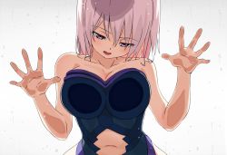  1girl against_fourth_wall against_glass anime_coloring bare_shoulders breast_press breasts clothing_cutout commentary_request fate/grand_order fate_(series) gradient_background large_breasts leotard mash_kyrielight navel navel_cutout open_mouth pink_hair purple_eyes revision short_hair simple_background smile solo tomato_(lsj44867) water_drop wide_hips  rating:Sensitive score:8 user:danbooru